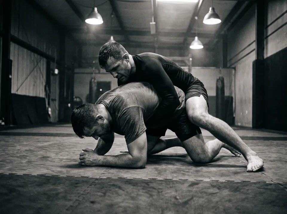 Two students rolling no-gi jiu-jitsu