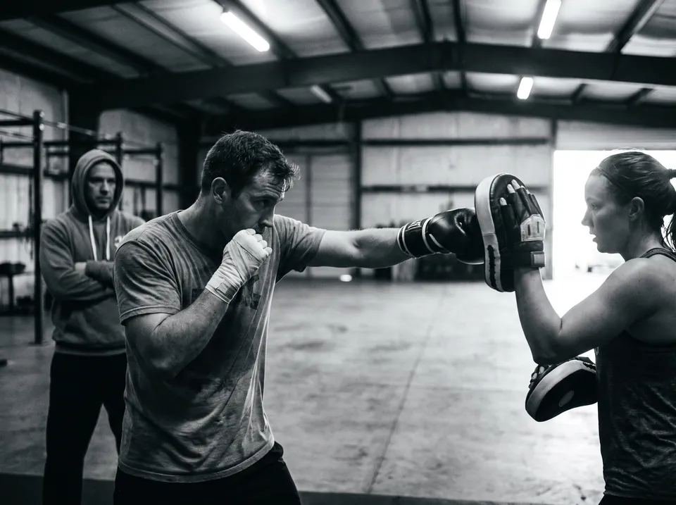 Two members drilling straight punches on focus mitts
