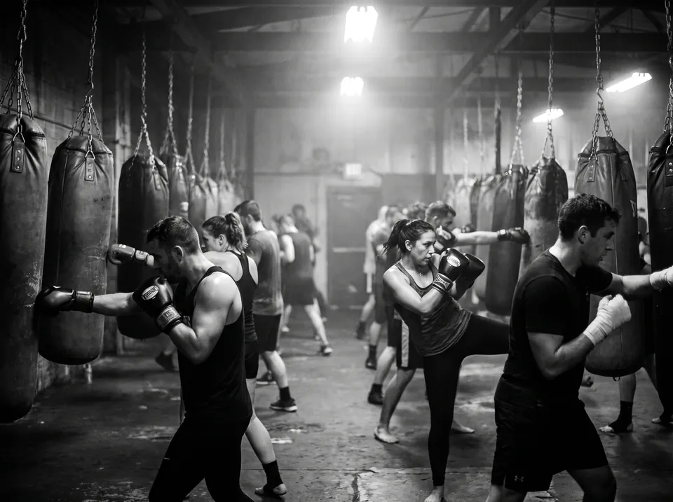 Group kickboxing class working the heavy bags