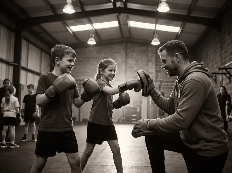 Kids kickboxing class hitting focus mitts with a coach