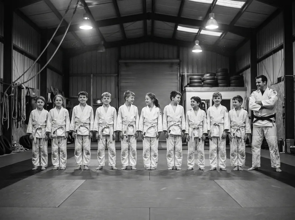 The kids jiu-jitsu class lined up on the mats with their coach