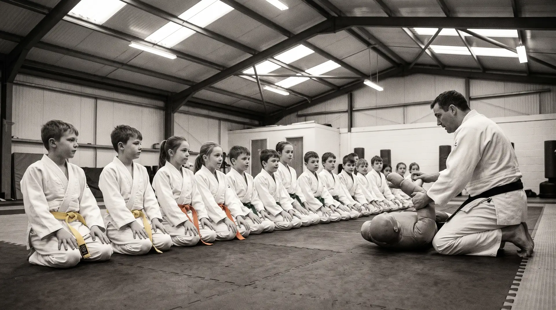 A kids jiu-jitsu class listening to their coach on the mats