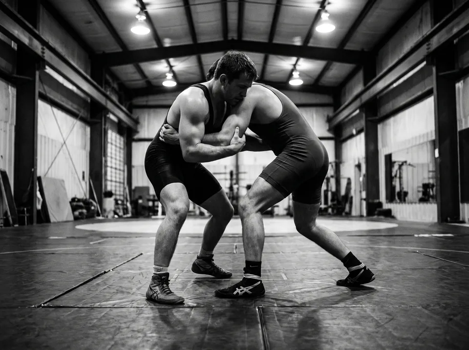 Two wrestlers drilling from the referee's position