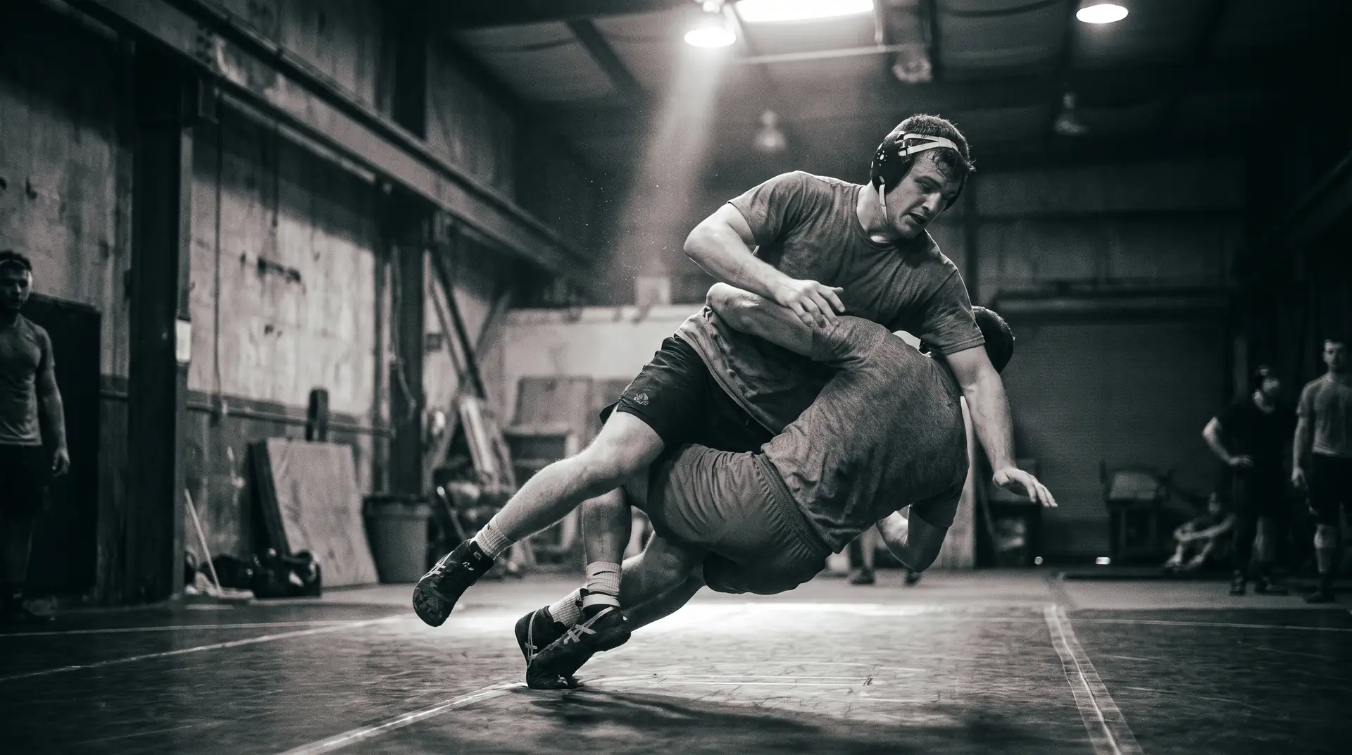 Finishing a double-leg takedown in a wrestling class